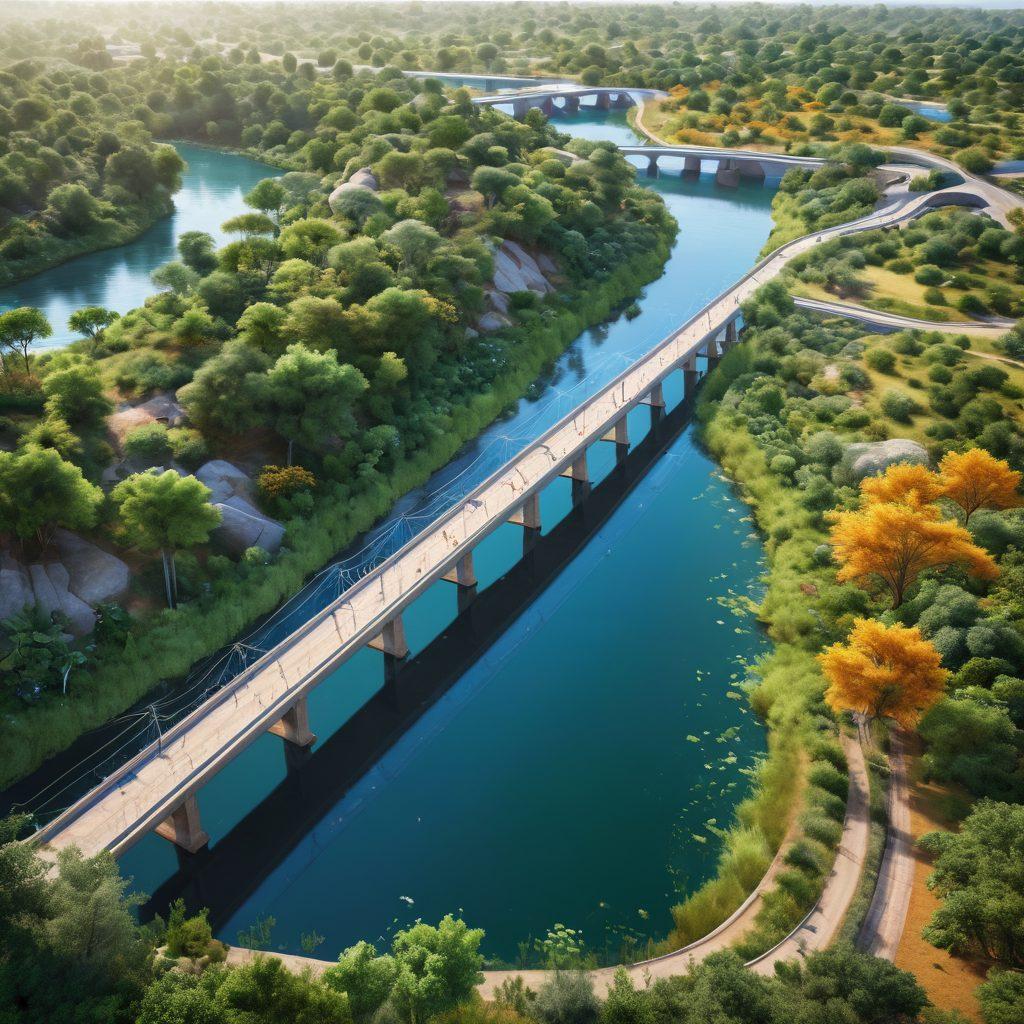 A harmonious blend of modern water infrastructure like dams and pipelines intertwined with lush greenery and thriving ecosystems. Community members actively engaging in workshops and discussions around water conservation, with vibrant wildlife and plants surrounding them. The scene captures both technology and nature coexisting, symbolizing resilience and collaboration. bright colors. super-realistic. 3D.