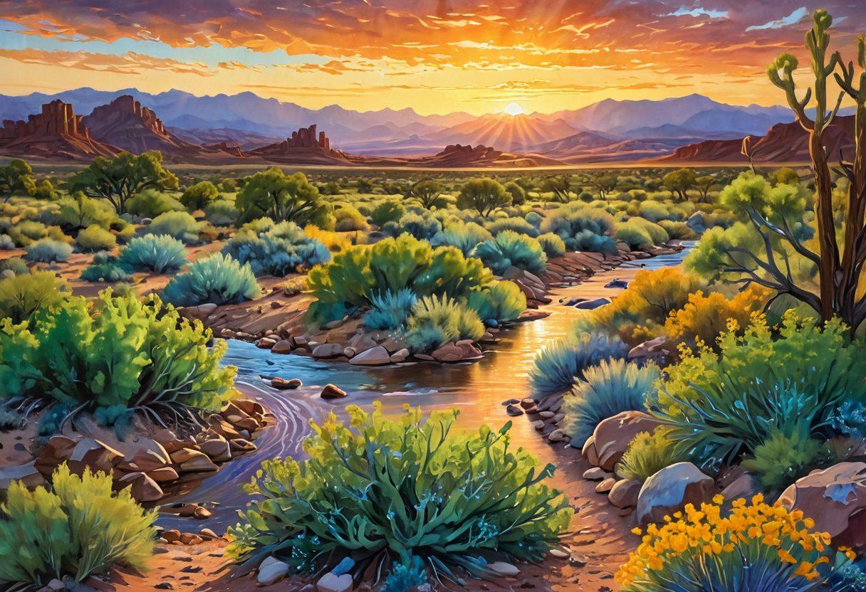 A lush landscape of New Mexico showcasing its diverse ecosystems, with rivers flowing through arid deserts and green valleys. Include native plants, wildlife interacting in their habitat, and modern sustainable practices like rainwater harvesting systems or solar panels. Incorporate a sunset casting warm light across the scene, emphasizing the harmony between nature and technology. painting. vibrant colors. multi-layered composition.