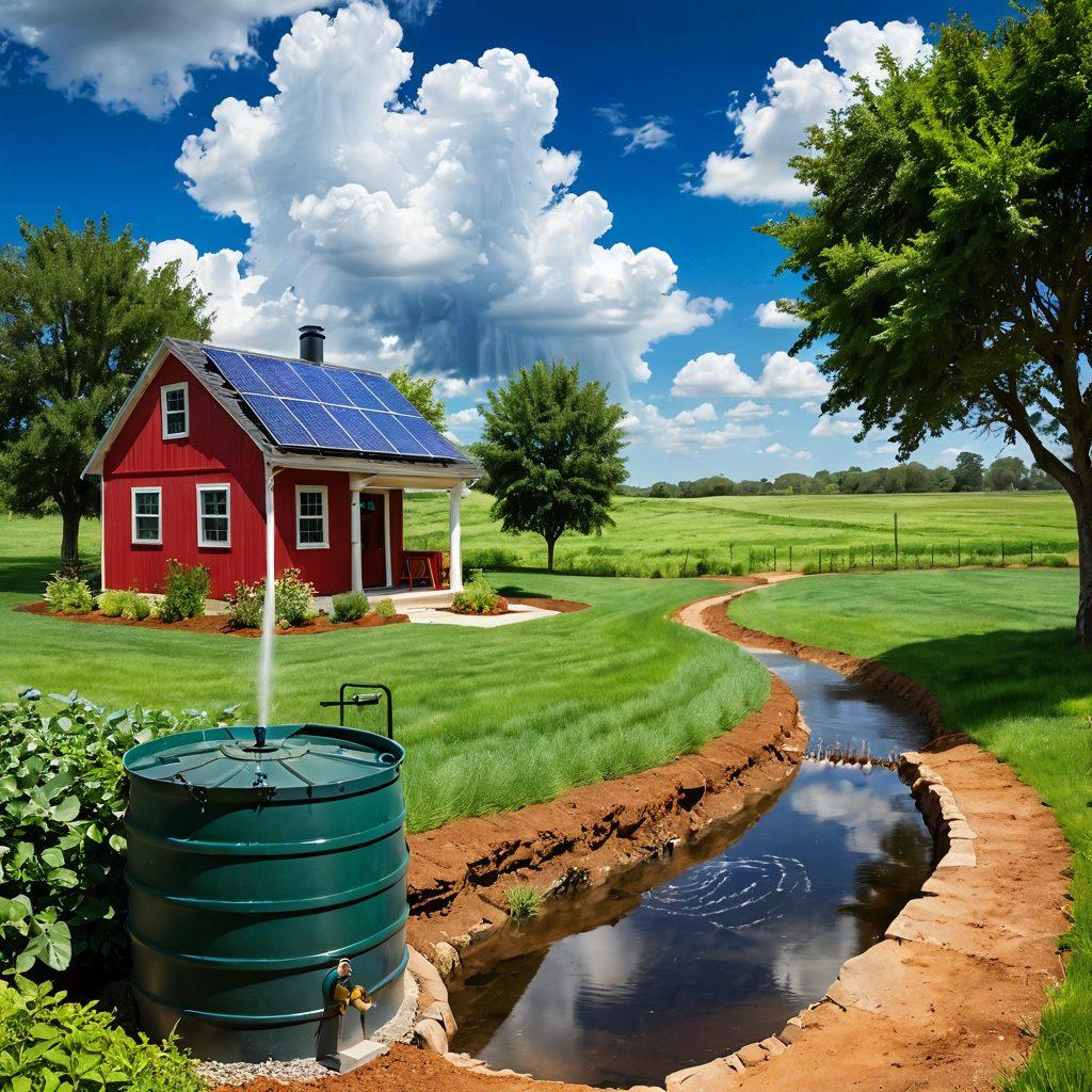 A serene countryside landscape showcasing a rainwater harvesting system transitioning to a groundwater management setup. Include lush greenery, a rain barrel, and an underground well with flowing groundwater. In the background, depict cloud formations signaling rain, and a farmer responsibly managing the resources. Incorporate elements of sustainability, such as solar panels and eco-friendly tools. vibrant colors. super-realistic.